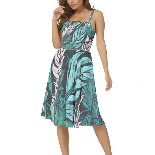 Tropical Sleeveless Square Neck Flare Hem Mini Dress