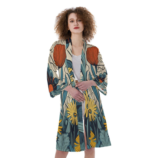 Flower All-Over Print Women's Satin Kimono Robe