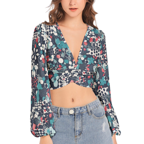 Abstract Women's Deep Neck Lantern Sleeve Crop Top