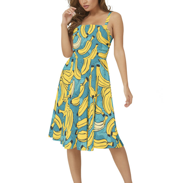 Banana Pop Art Sleeveless Square Neck Flare Hem Mini Dress