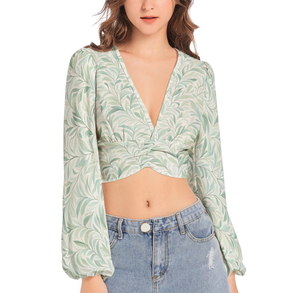 Women's Deep Neck Lantern Sleeve Crop Top With Tropical Design