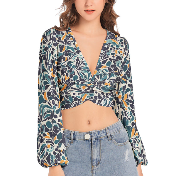 Floral Design Women's Deep V-Neck Lantern Sleeve Crop Top